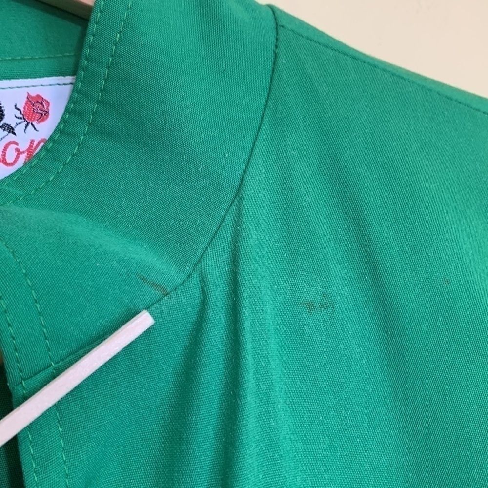 Caron || 80’s Kelly Green Long Sleeve Faux Wrap Belted Shirt Pocket Dress M - Picture 5 of 16